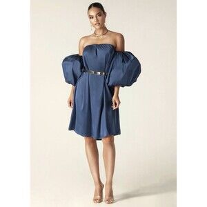 Alieva Puff Sleeve Satin Midi Dress Navy‎ Blue Size Small NWT Party Dress